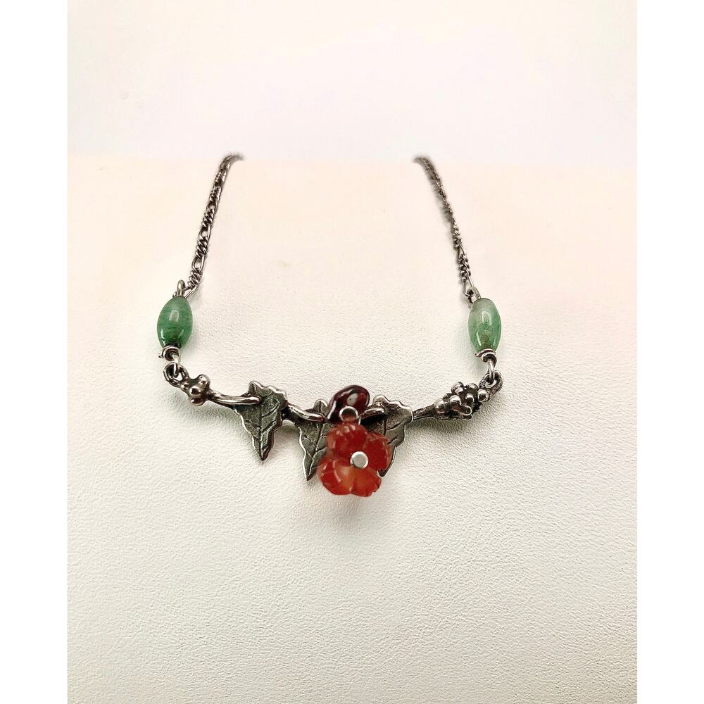 Handmade Sterling Necklace, Jade/Cornelian Flowers Leaves